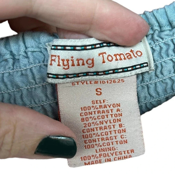 Flying Tomato Boho Mini Dress Crocheted Bust & Ruched Back Size Small - Picture 3 of 6